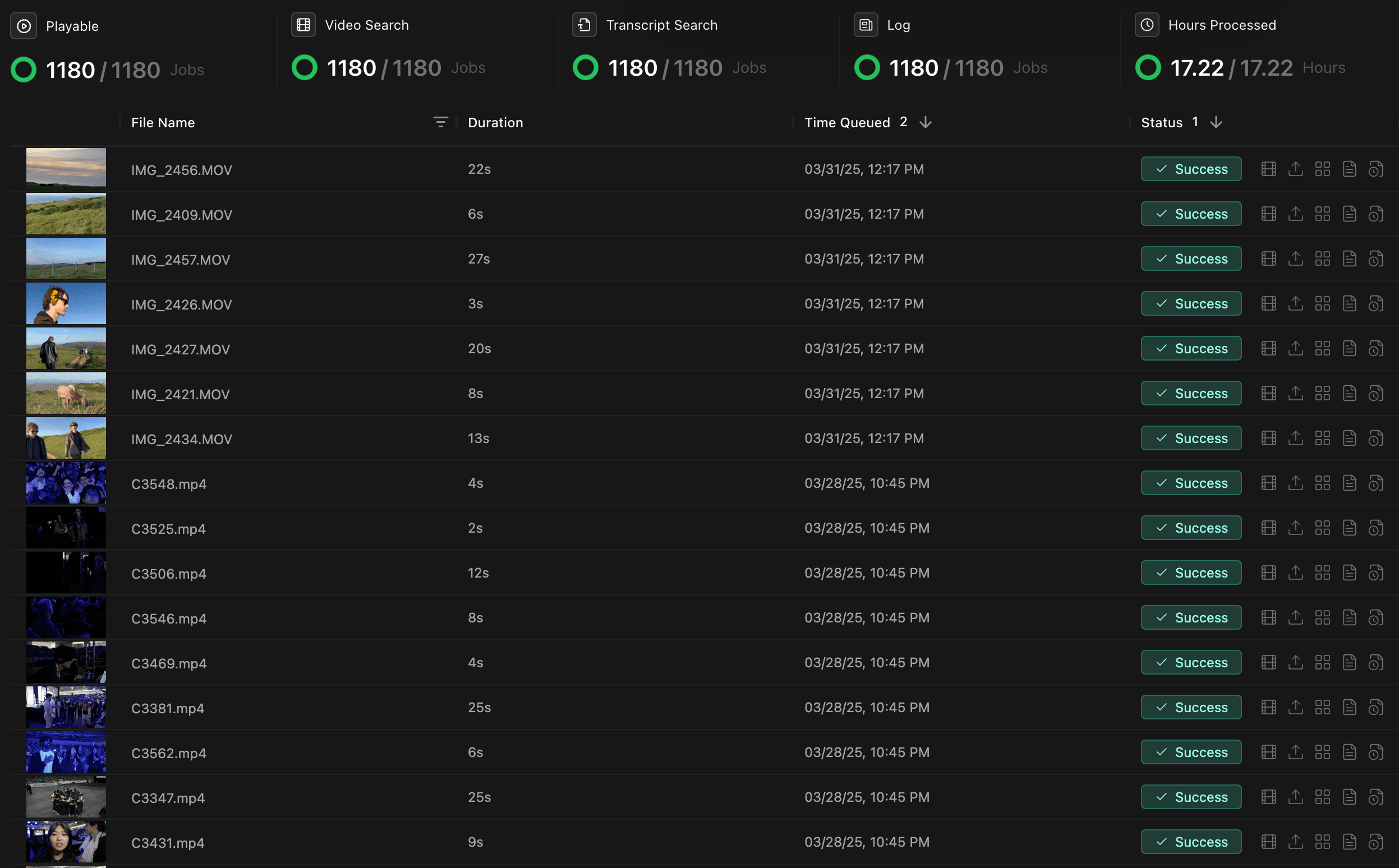 Kino AI's Jobs Dashboard showing processing status of video files