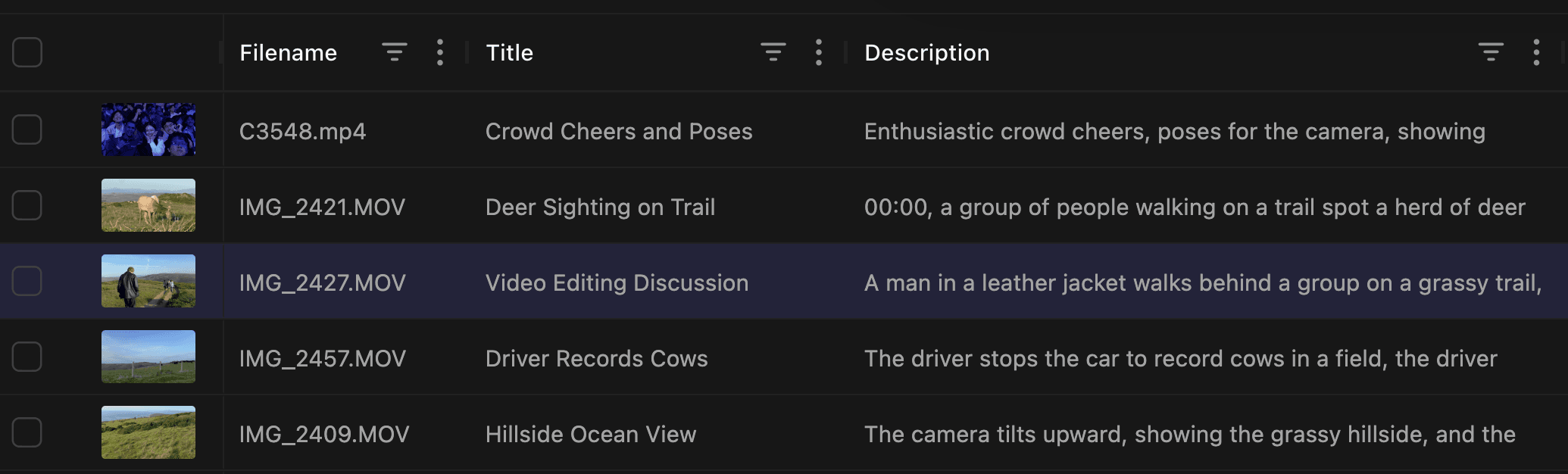 AI video logging interface with automatically generated descriptions
